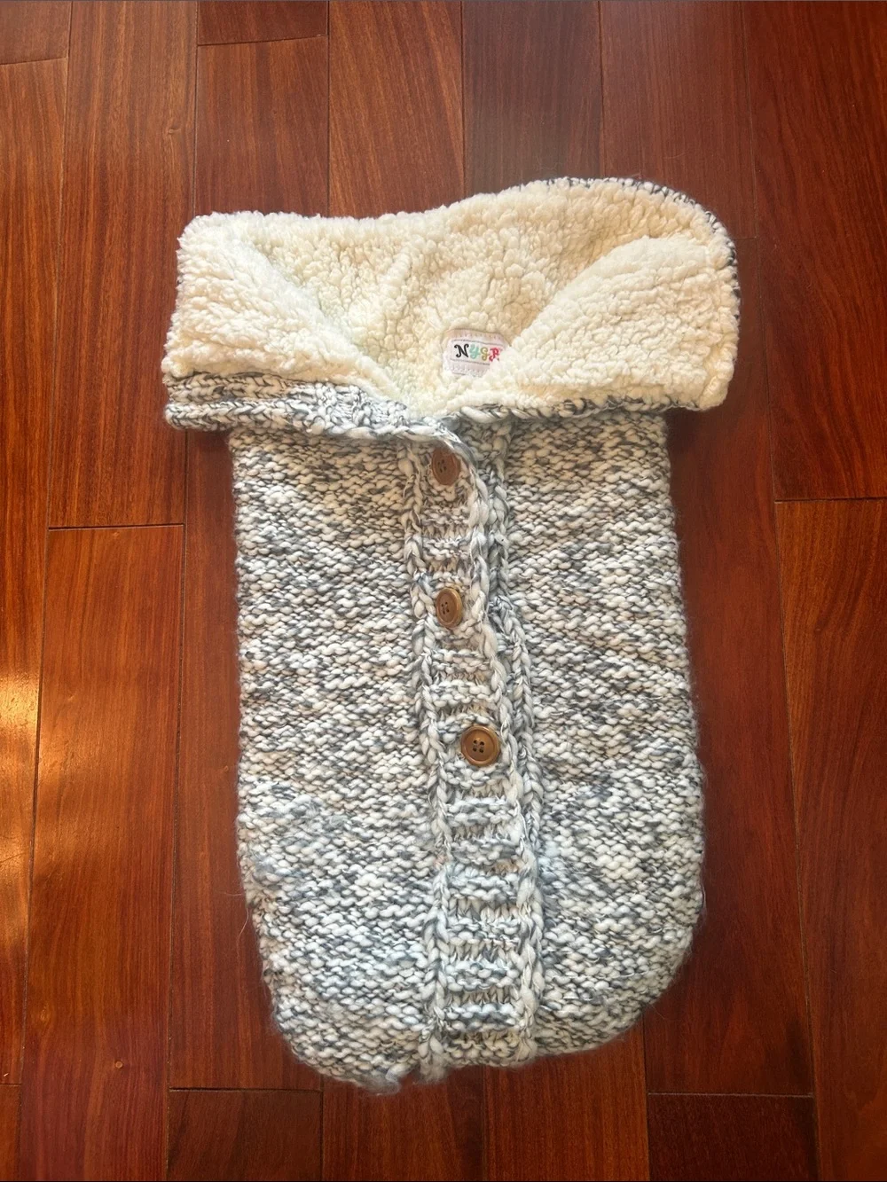 Sherpa-Lined Knit Baby Cardigan Sack - Cream & Gray